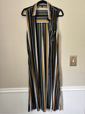 Sleeveless Maxi Shirt Dress in Green, White & Gold Stripes